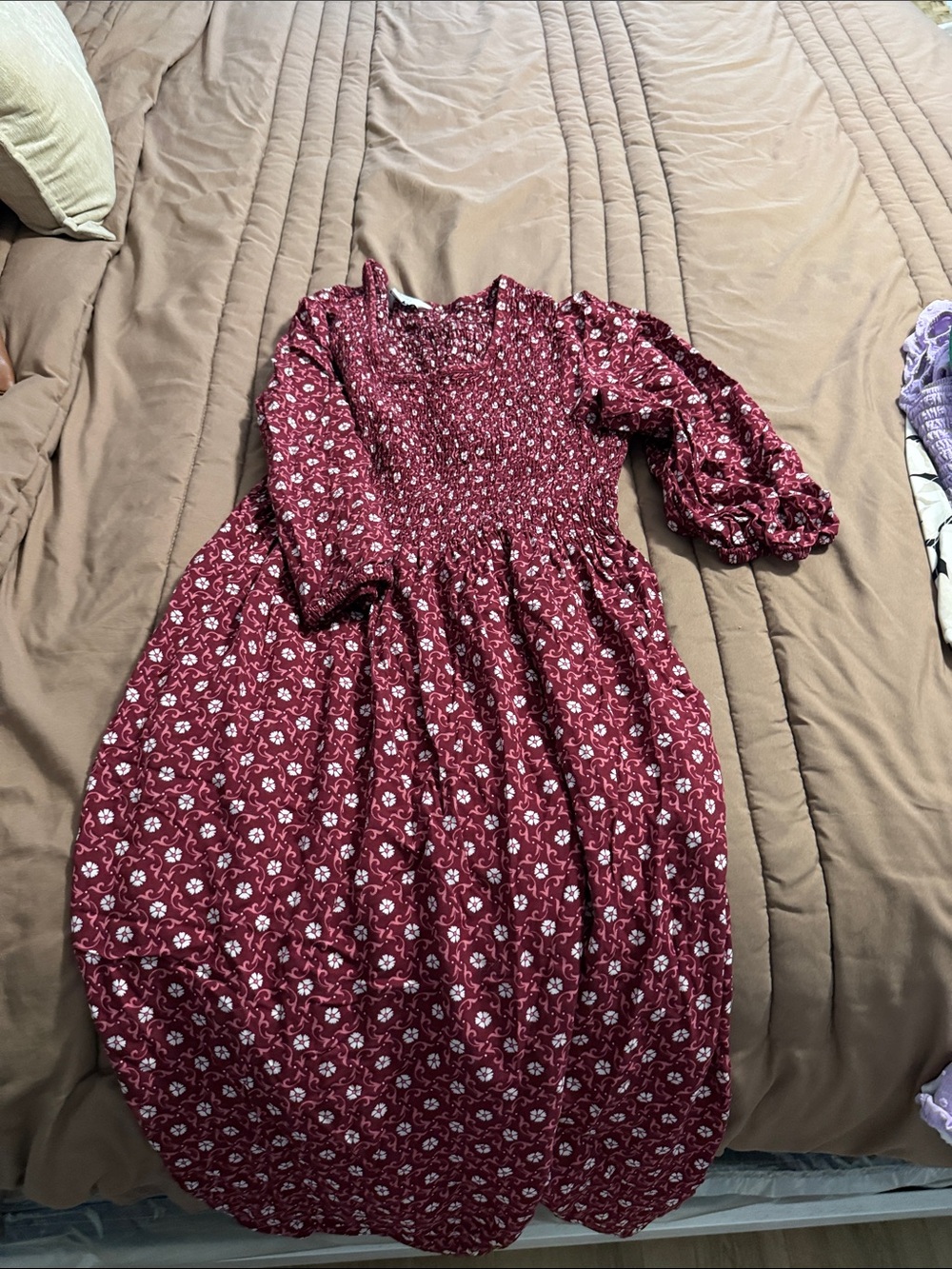 croft & barrow Burgundy Floral Long-Sleeve Smocked Dress